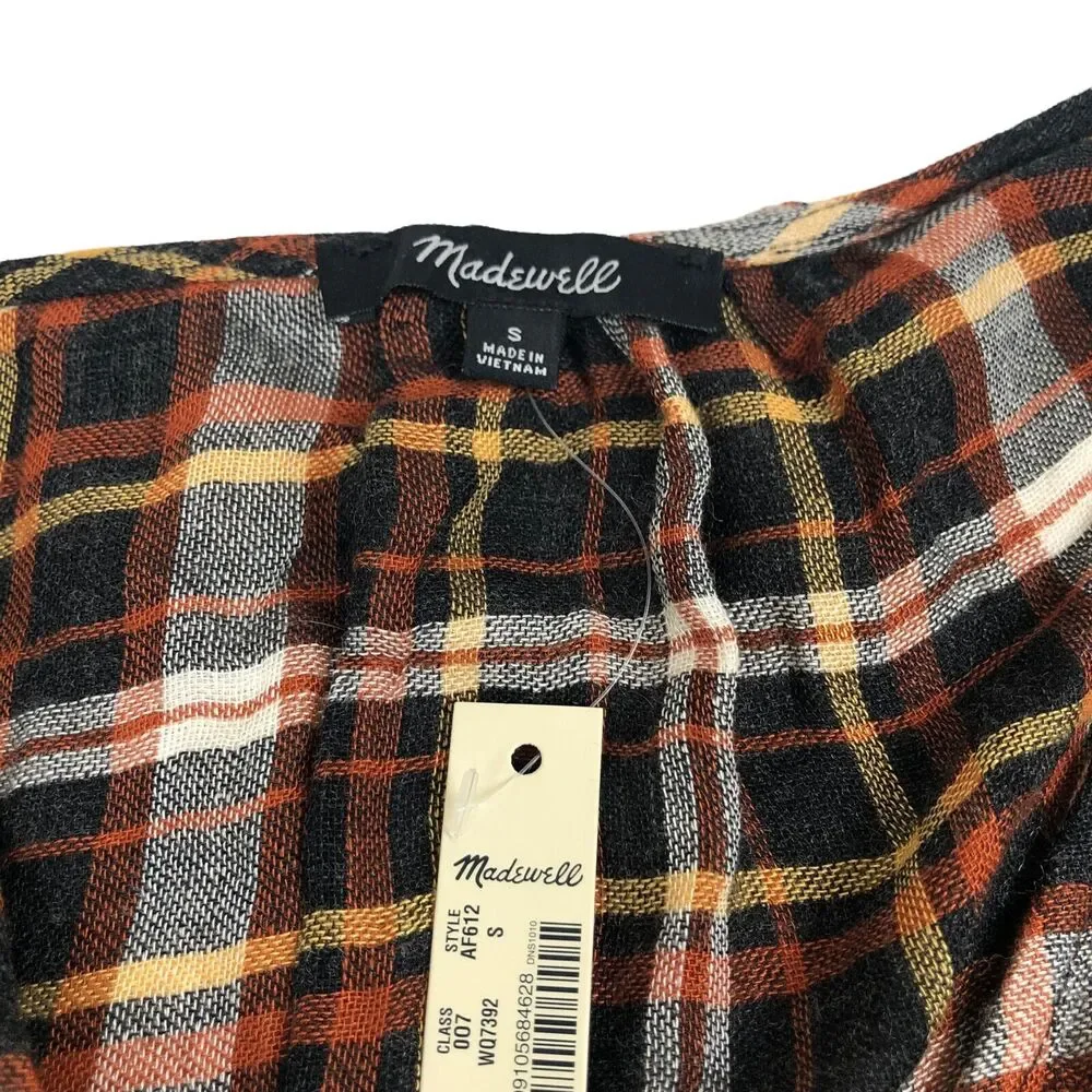 NEW Madewell Plaid Puffed Cinch Sleeve Top V Neck Blouse Womens Small